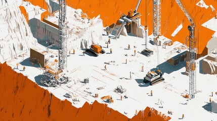 Fototapeta premium Construction Site with Cranes, Workers, and Machinery