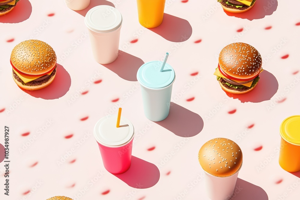 Poster a vibrant display of juicy burgers and refreshing drinks creates an inviting setup for a casual dini
