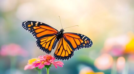 A monarch butterfly perched on a pink flower with a soft, blurred background of other flowers and green foliage.