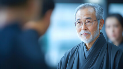 Fototapeta premium A Man in a Kimono Looks at a Person in the Background