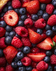 Obraz premium an extreme close-up, surface of a sliced triple berry pie, filling the entire frame with its intricate layers