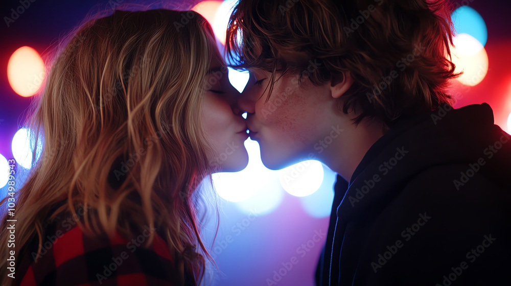 Wall mural young couple sharing a romantic kiss in a vibrant light setting.