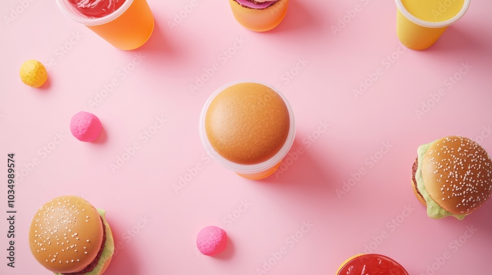 Poster brightly colored drinks and appetizing burgers create a fun atmosphere on a minimalist pink backdrop