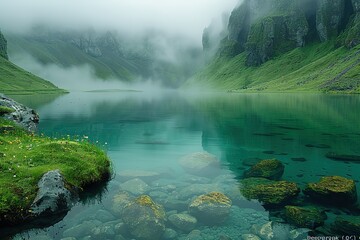 A misty mountain lake with crystal clear water.