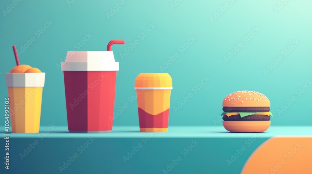 Poster Brightly colored drinks and a burger sit together against a minimalist backdrop, creating a simple yet appealing composition. Generative AI