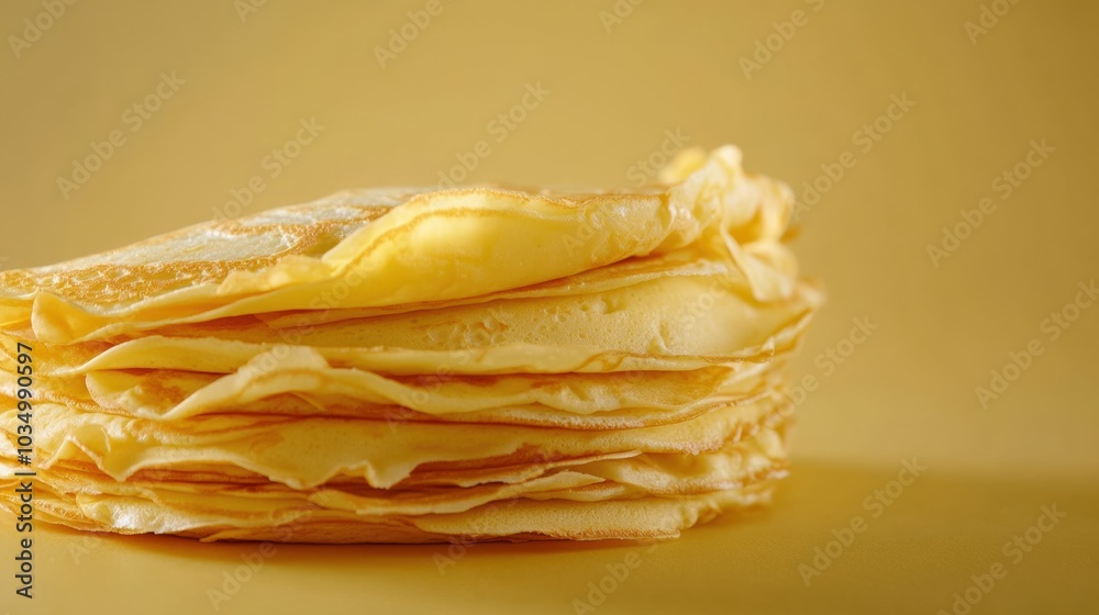 Poster A mouthwatering stack of freshly made golden crepes sits invitingly, perfect for breakfast or dessert, emphasizing their delicate texture. Generative AI