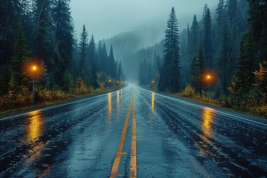 A long, wet road winds through a forest on a rainy day. - Powered by Adobe