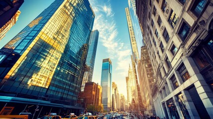 A bustling urban cityscape with modern skyscrapers and busy streets, City scene, Contemporary architectural style