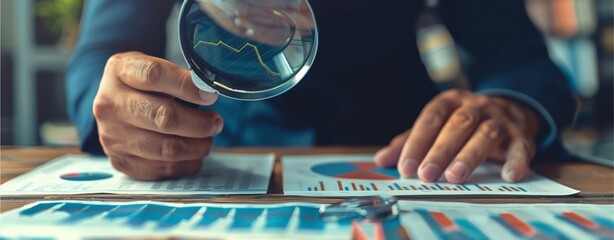 A businessman’s hand holding a magnifying glass over financial charts