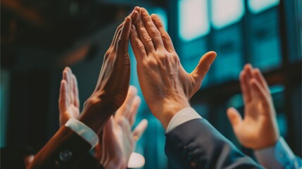 A close-up of business hands giving a high-five in celebration