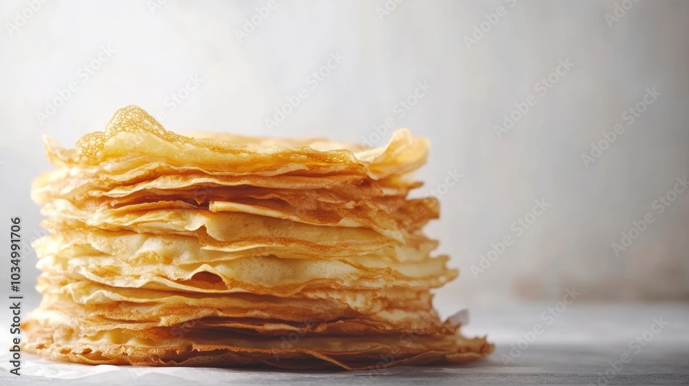 Poster A delightful stack of golden crepes is presented on a table, inviting enjoyment for breakfast, brunch, or dessert any time. Generative AI