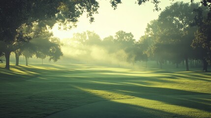 Mid-flight golf ball, wide course panorama, hazy sunlight blending with a serene morning sky, shadows dancing on the green, double exposure
