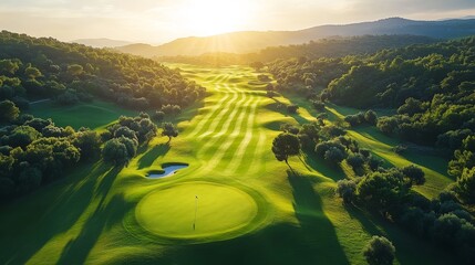 Golf ball frozen in air, overhead perspective, scenic golf course with rolling hills, soft sunlight, shadow play on greens, perfect shot, timeless precision