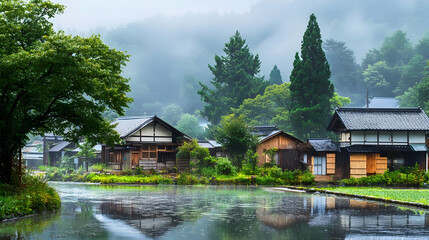 Fototapeta premium Rain Falling on a Japanese Village with Traditional Houses and Green Trees