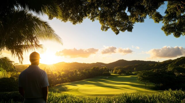 A serene evening golf course bathed in the golden glow of the setting sun, with a golfer preparing to tee off against a backdrop of lush green fairways - Powered by Adobe