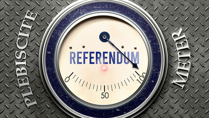 Referendum and Plebiscite that is hitting a full scale, showing a very high level of referendum, overload of it, too much of it. Maximum value, off the charts.  ,3d illustration
