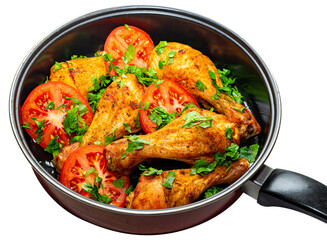 Chicken legs in a golden crust, decorated with bright tomatoes and greens