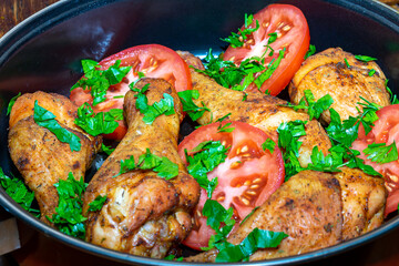 Juicy chicken thighs, baked with selected tomatoes and fresh herbs
