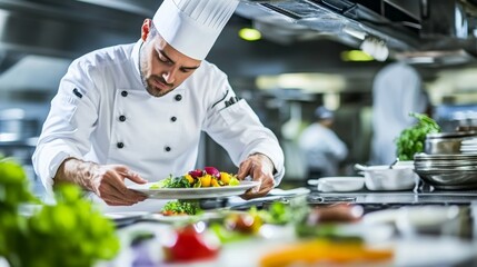 A busy chef in a restaurant kitchen, preparing gourmet dishes, Restaurant kitchen scene