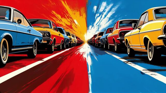 Two rows of vintage cars speed towards each other, with vibrant red and blue backgrounds contrasting sharply in a dynamic, comic-style.