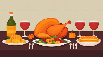 A festive table setting featuring a roasted turkey, seasonal vegetables, drinks, and desserts for a cheerful holiday gathering.