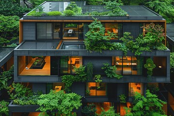 A modern building with lush greenery growing on its exterior and rooftop.