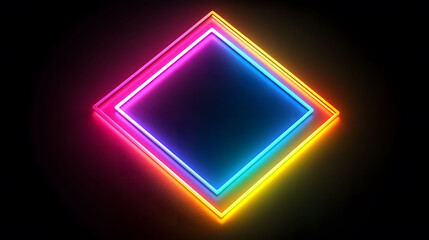 Vivid neon square illuminated by RGB lights, set against a deep black backdrop, showcasing intricate details and striking colors.