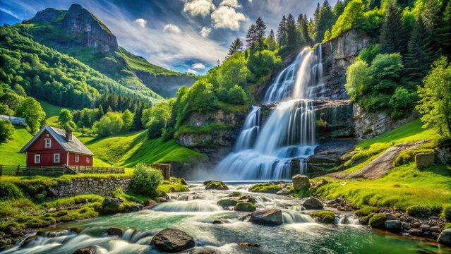 Steinsdalsfossen Waterfall cascades beautifully amidst verdant foliage, embodying Norway's enchanting landscape, a peaceful haven where natural beauty enchants every observer and inspires adventure.