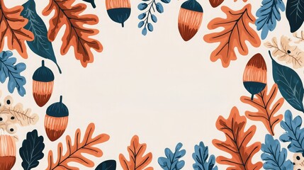 Colorful autumn leaves and acorns frame a blank space, perfect for seasonal designs or invitations.
