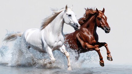 Obraz premium Two Horses Running in Water