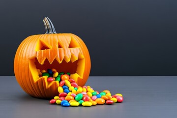 Pumpkin with a mouth full of candy is on a table. The pumpkin is orange and has a scary face. The candy is scattered all over the table, making it look like a Halloween treat