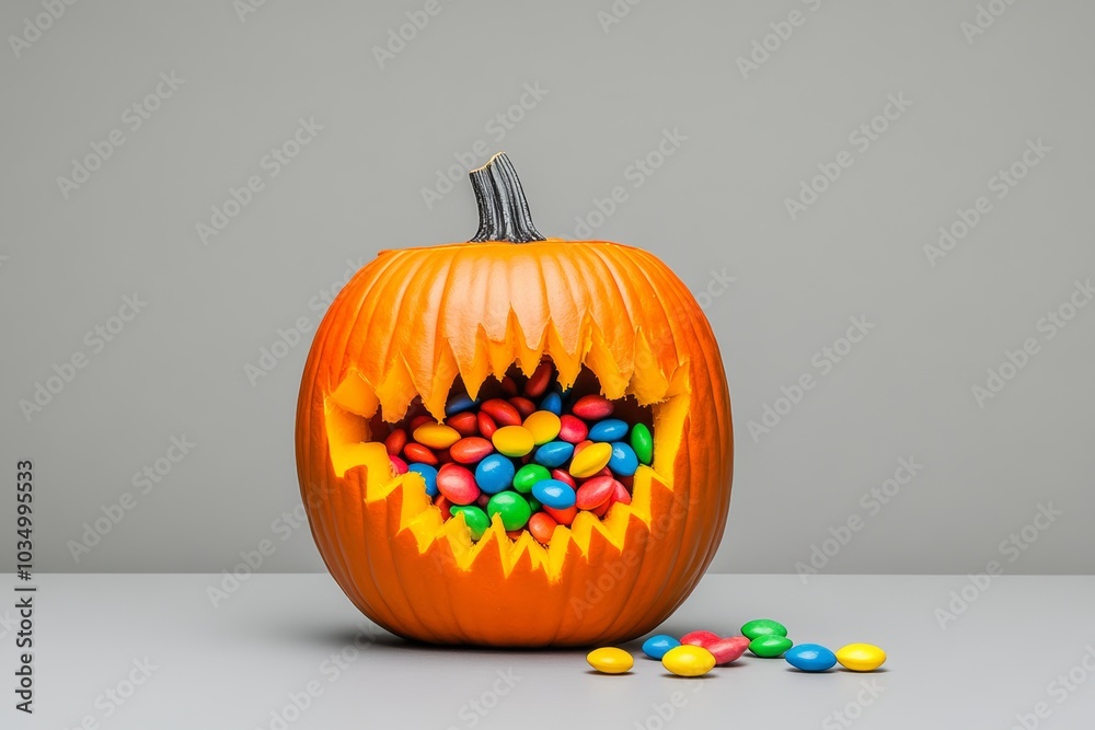 Wall mural pumpkin with a mouth full of candy is on a table. the pumpkin is orange and has a scary face. the ca