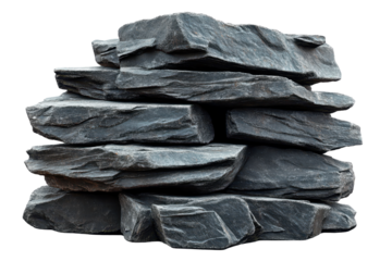 A stacked arrangement of dark rocks PNG isolated on transparent background, white background.