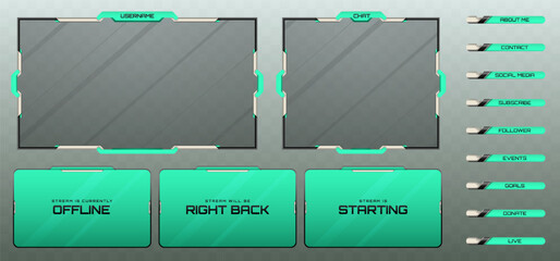 Stream Overlay Webcam Screen Frame and Stream Alert GUI Panels in Metallic Black, Silver, and Mint Green Color Theme for Gaming and Live Video Streaming Platforms © Pugazh Logan