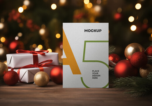 A5 Greeting Card Mockup &ndash; Festive Holiday Scene with Christmas Decorations and Gift Boxes for Seasonal Branding or Invitation Presentation