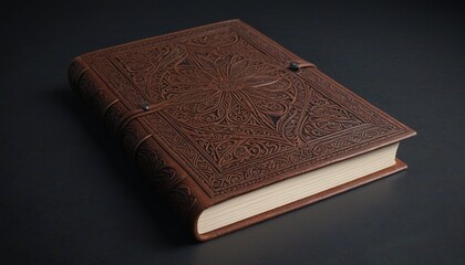 Obraz premium A handcrafted journal with embossed leather cover, laid open to reveal blank pages against a dark background, Generative AI