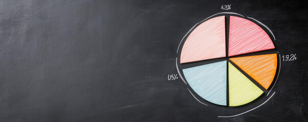 A colorful pie chart on a chalkboard, displaying various segments with numbers. Ideal for presentations and educational materials.