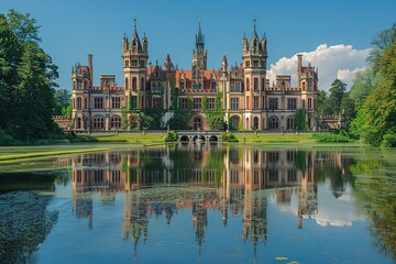 A grand castle reflected in a calm pond, surrounded by lush greenery.