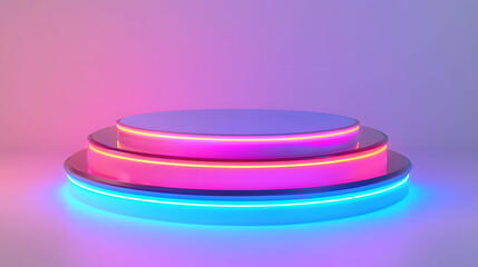 Neon Plastic Podium, vibrant round design, high contrast glare, super close-up, set against a clean white background.