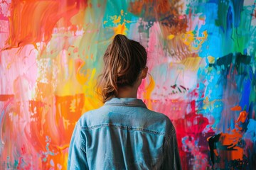 Fototapeta premium Woman in Denim Jacket Observing Vibrant Abstract Art on Colorful Canvas in Contemporary Gallery Setting