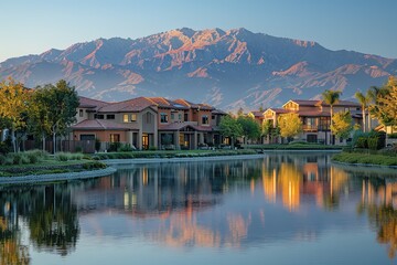 Fototapeta premium Luxury homes with a mountain backdrop and a calm lake.