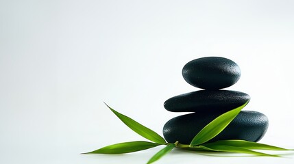 Stack of black rocks and bamboo leaves on a white background, natural wellness, vegan skincare, eco skincare, herbal skincare