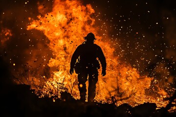 Fototapeta premium Brave Firefighter Silhouette Against Intense Flames