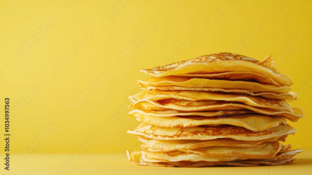 Poster a tall stack of golden crepes sits neatly on a bright yellow surface, ready to be enjoyed for breakf