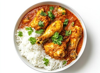 Fototapeta premium Delicious Indian chicken curry with rice and coriander garnish.