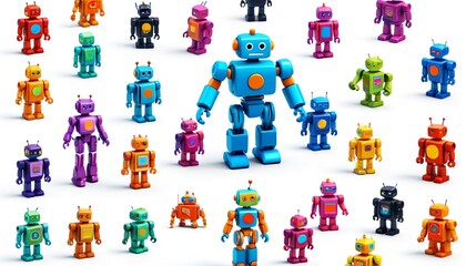 A vibrant 3D model of a colorful toy robot set on a minimal white background, perfect for children's product promotions and playful designs, Generative AI