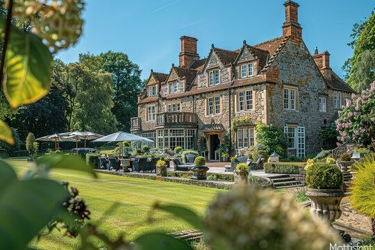 A stately manor house with a manicured lawn and patio furniture.