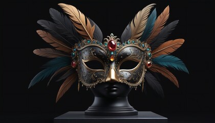 A mysterious mask adorned with feathers and jewels, resting on a black pedestal, evoking a sense of intrigue and mystery, Generative AI