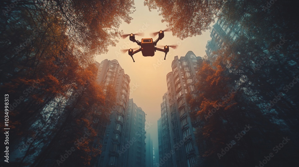 Aufkleber a drone hovers between tall buildings in an urban area, surrounded by misty atmosphere and towering 