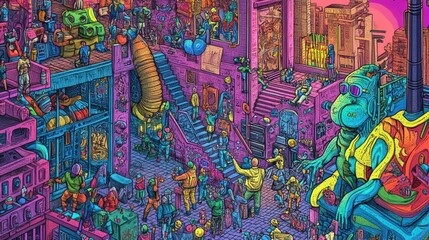 A Colorful and Abstract City Scene with People and Strange Creatures